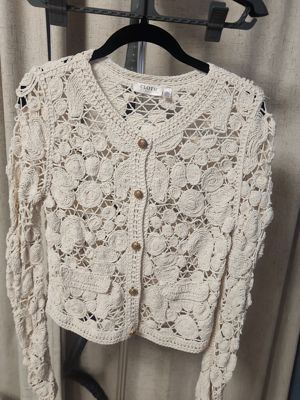 CLOTH By Design Cream Crochet Openwork Button-Front Sweater